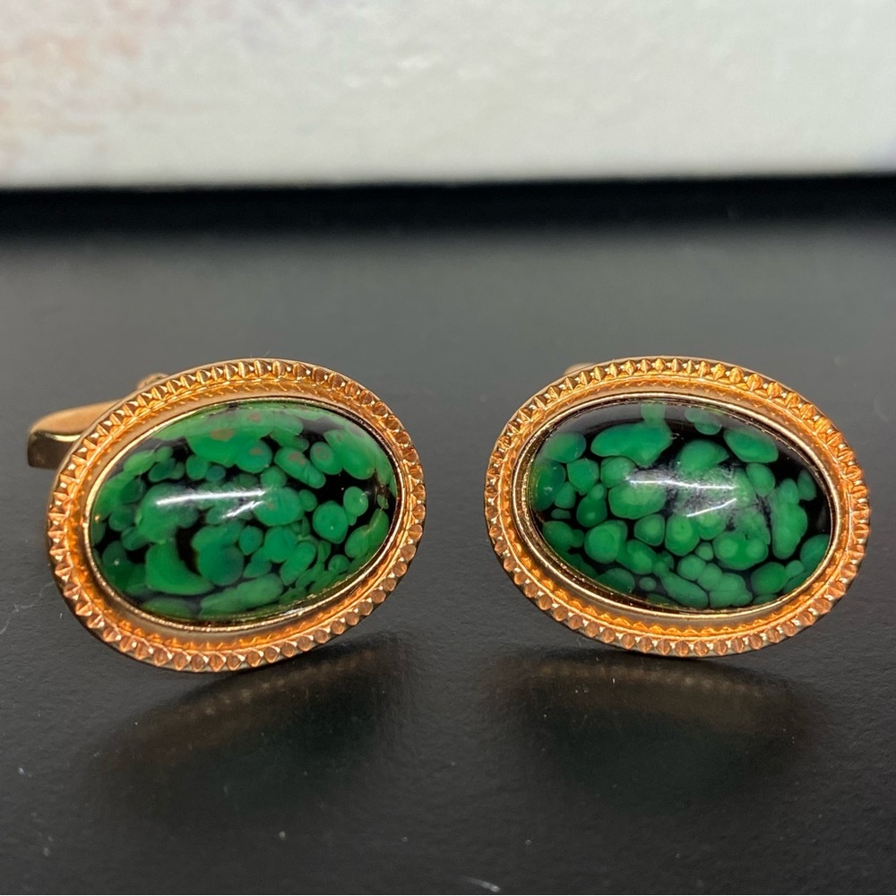 3📚/$25 - Gold Tone Cufflinks Green Turquoise Color Stones Germany Gift 1980's